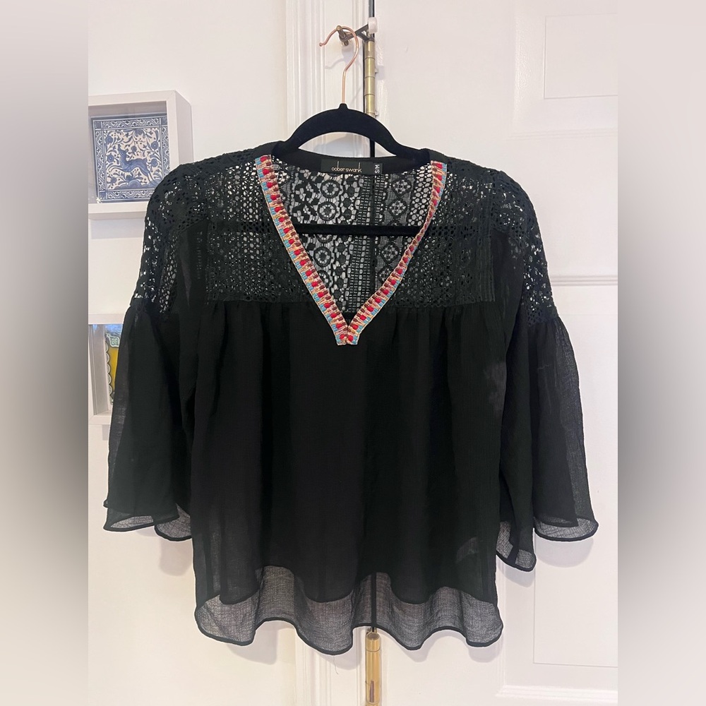 Embroidered Black V-Neck Blouse